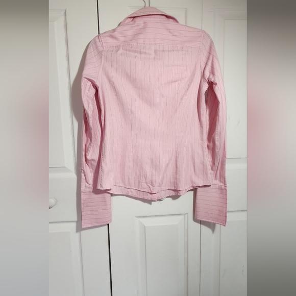 Thomas Pink Button Down V-Neck Blouse - Pink with wide pinstripes - Size "8"/US - Picture 2 of 8